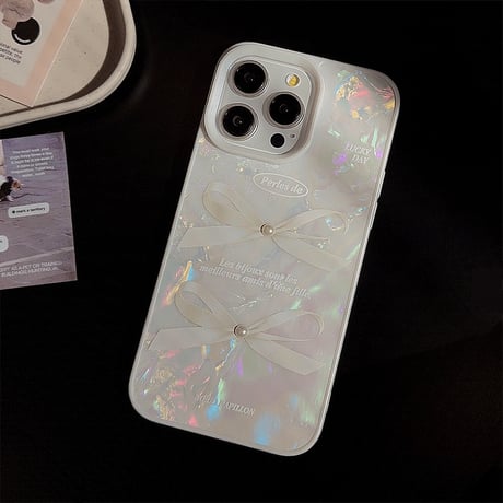 シェル風 iPhone15/15proケース リボン柄 立体パール iPhone14/13pro/12ケース かわいい きれい 女子力UP[M4003]