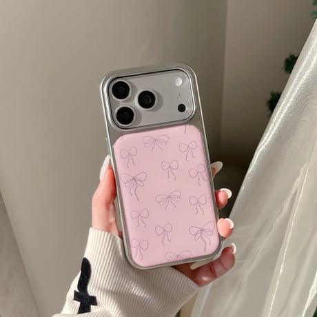 リボン柄 iPhone17/17Proケース ピンクカラー iPhone16Pro/15ProMax/14カバー キュート 女子力高い[M5914]
