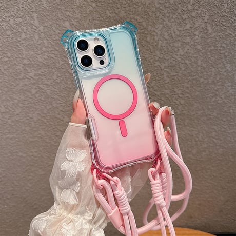 ストラップ付耐衝撃 iPhone16pro/16promaxケース Magsafe充電 iPhone15pro/14promax/13カバー 黄ばまない [M5509]