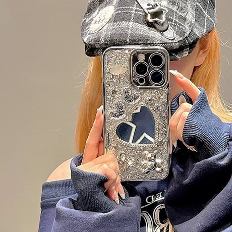 ジュエリーハート鏡 iPhone15/15proケース リキラキラグリッター iPhone14promax/13pro/12ケース かわいい きれい[M4337]