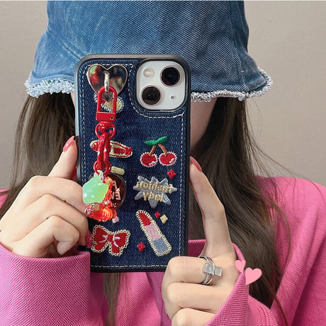 デニム Fashion Lady iPhone14/14proケース  刺繡 秋冬人気  アイフォン13/12/11カバー  高品質  高級感 女子力アップ [M2249]