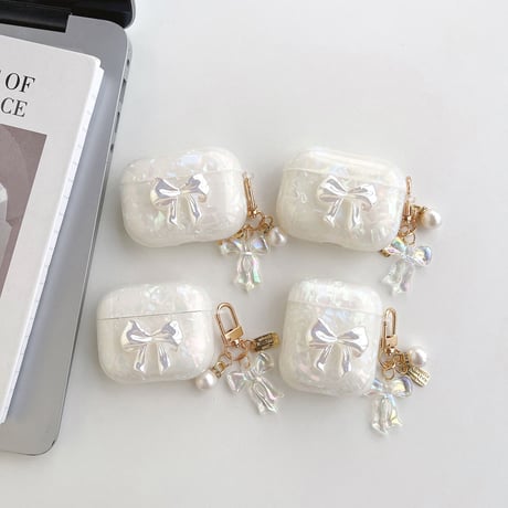 【Airpods 4】キラキラリボン AirpodsPro2ケース 貝殻紋 airpods3/2/1ケース  オシャレリボンアクセサリー付 ソフト ギフトに最適 [M2676]
