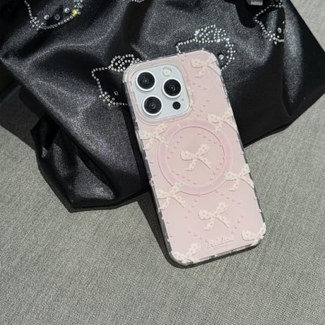リボン柄 iPhone16pro/16ケース パールとリボングリップ マグネット iPhone15pro/14/13promaxケース かわいい 多機能 女子力UP [M5072]
