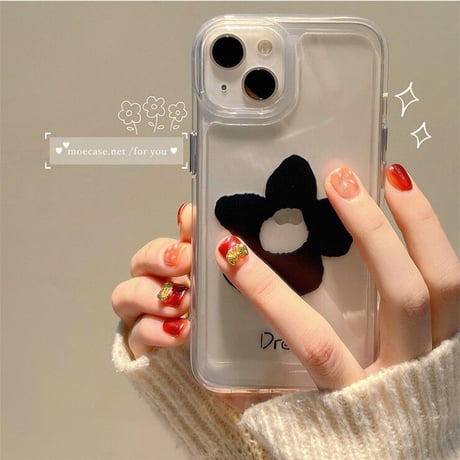 黒花柄 iPhone14/14proクリアケース  シック iPhone13/12promaxカバー 高透明感  高級感 ギフトにおすすめ[M2659]