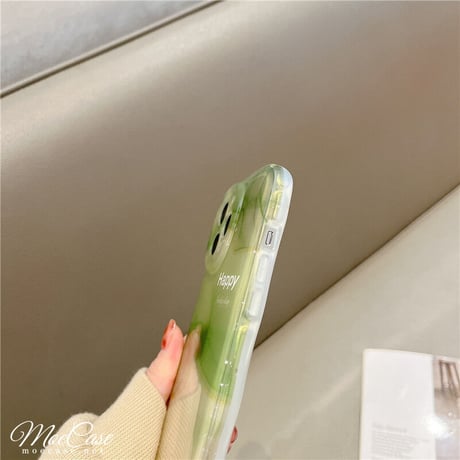 抹茶グリーン暈し染め iPhone13/14カバー Happy高級感 iphone12pro/11ケース  可愛い 透明感 頑丈 波紋枠 落下防止 [M2881]