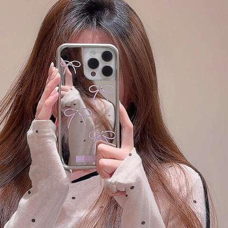 鏡付 リボン iPhone15/15proケース  女子力UP ラベンダー iPhone14/13pro/12ケース かわいい 韓国風 高級感[M4269]