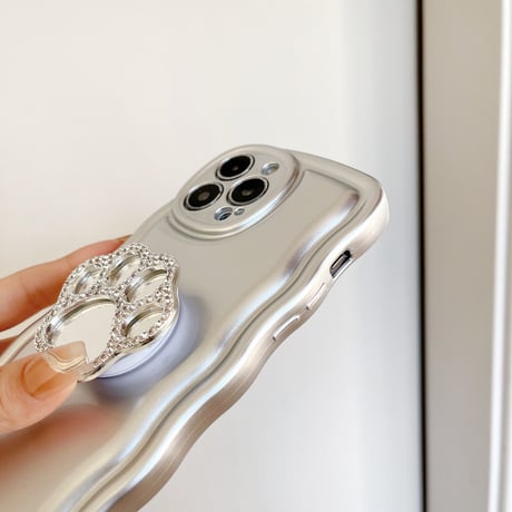猫の手ミラーグリップ iPhone14/13proケース シルバーストラップ付 iPhone12pro/11/XSカバー 波紋枠 オシャレ スタンド 多機能[M2801]