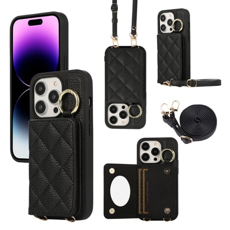 iPhone15/14proケース カード収納 鏡付き ショルダー付   エレガント セレブ愛用[M3472]