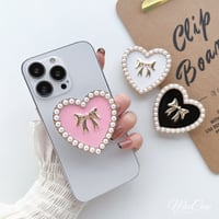 真珠リボンデコハート スマホストラップ オシャレ かわいい 卓上スタンド 使いやすい ガールズに人気 ギフトにおすすめ[M2843]