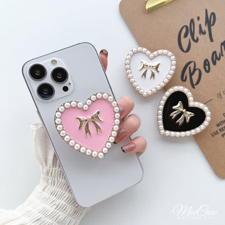 真珠リボンデコハート スマホストラップ オシャレ かわいい 卓上スタンド 使いやすい ガールズに人気 ギフトにおすすめ[M2843]