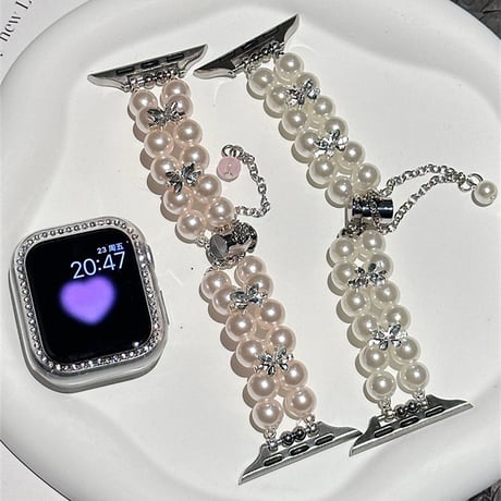 おしゃれ AppleWatch10ベルト パール Ultra2/1/SE(第2/1世代)/Series9/8/7/6/5/4/3/2/1アップルウォッチバンド 可愛い[M4606]
