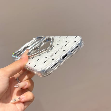 ハート型鏡スタンド iPhone17Pro/17ケース 水玉模様 iPhone16Pro/15/14ース 可愛い 実用品 キラキラダイヤデコ[M6426]