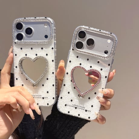 ハート型鏡スタンド iPhone17Pro/17ケース 水玉模様 iPhone16Pro/15/14ース 可愛い 実用品 キラキラダイヤデコ[M6426]