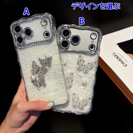 ジュエリーカメラカバー iPhone17Pro/17ProMaxケース 蝶々デコ iPhone17/Airカバー シェル風 キラキラ うねうね [M5735]