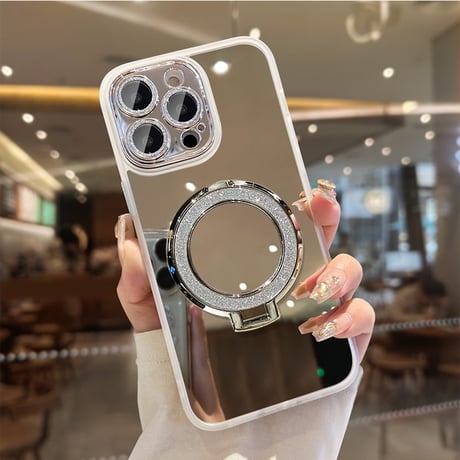 ミラー iPhone17Pro/17ケース 鏡スタンドリング付 iPhone17ProMax/16Pro/15カバー  キラキラカメラカバー付 艶感 オシャレ [M5934]