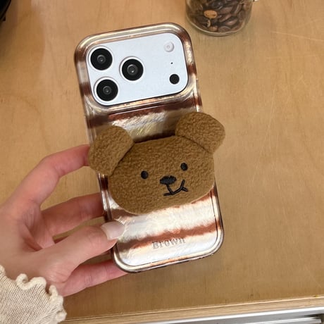 熊グリップ iPhone17/17Proケース シック縞模様 アイフォン16ProMax/15Pro/14カバー  スタンド機能 可愛い[M5912]