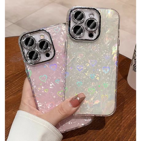 シェル風ハート柄 iPhone16/15proケース キラキラ レンズ保護 iphone14/13/12proカバー 女子力上がる 存在感抜群[M3635]
