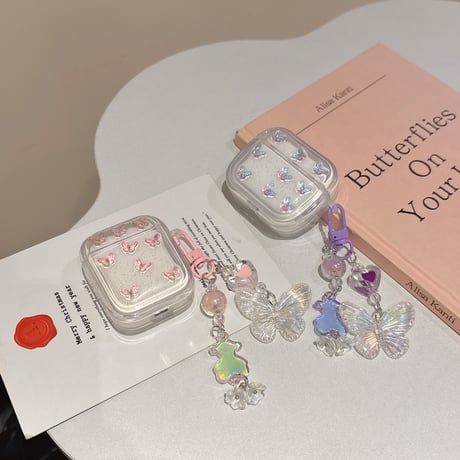 キラキラ蝶々 Airpods 4ケース キーホルダー付 かわいい Airpods3/Pro2ケース airpodsproカバー 頑丈 プレゼントにおすすめ[M5074]