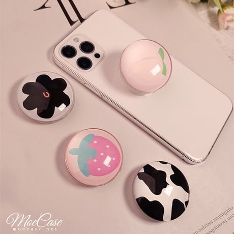 クリスタル スマホグリップスタンド イチゴ/ピーチ/黒花/牛柄 かわいい 粘着タイプ キラキラ 全機種対応 オシャレ トレンド[M3107]