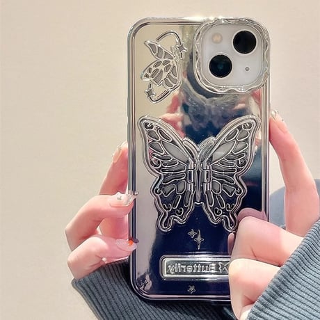 鏡 蝶スタンド iPhone15Pro/15ケース   高級感 アイフォン14/13proカバー 黄ばまない オシャレ 女子力アップ [M3725]