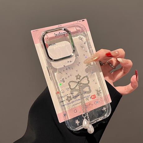 ジュエリーリボンフリンジ iPhone16pro/16ケース ラメ入り クリア iPhone14/13pro/12カバー 大人可愛い 人気アイテム[M5233]