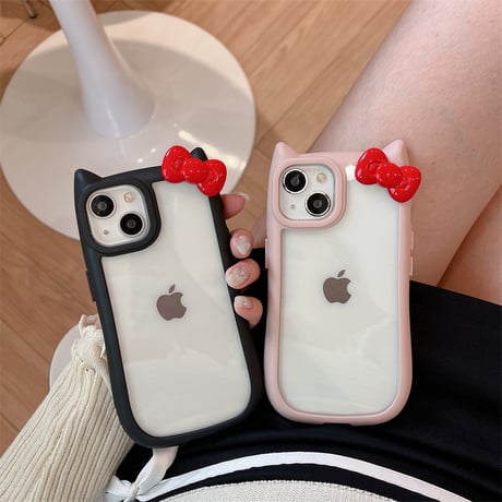 猫の耳 iPhone15/15proケース リボンデコ iphone14promax/13pro/12カバー 可愛い 黄ばまない[M4301]