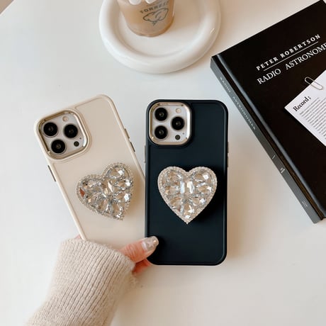ハートダイヤモンドgrip iPhone15/14proケース おしゃれ アイフォン13/12/11ケース キラキラ スタンド機能 ガールズに人気[M2883]