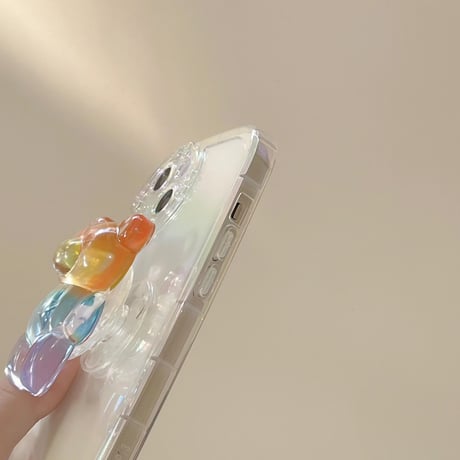 キラキラクマさんグリップ付 iphone14/13proケース  レインボーカラー iphone12/11カバー  可愛い  お洒落 多機能 綺麗透明感[M2181]