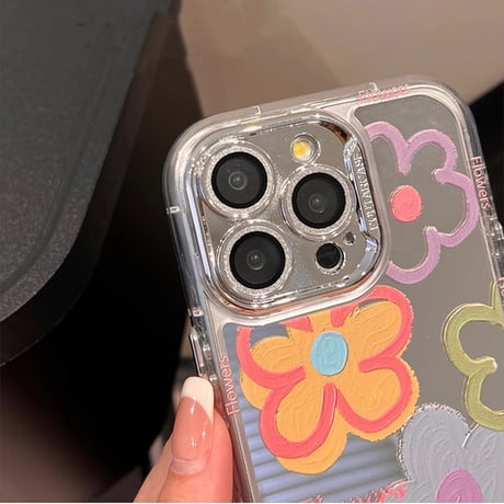 花柄 鏡 iPhone15/15proケース レンズフイルム付 iPhone14/13pro/12ケース 女子力アップ 便利 頑丈[M4157]