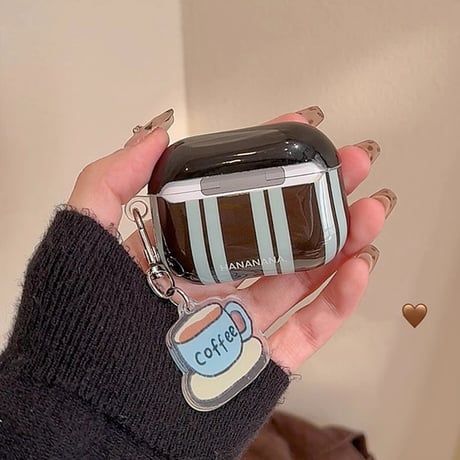 Airpods 4ケース 縞模様 コーヒーチャーム付 AirpodsPro2/Pro1カバー  エアポッズ3/2 シック インスタ人気[M4705]