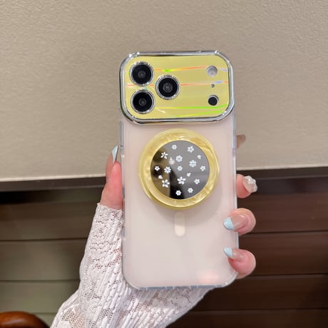 花柄ミラーグリップ iPhone17/17Proケース MagSafe対応 iPhone16Pro/15pro/14ProMaxケース 光る カメラ保護[M6410]