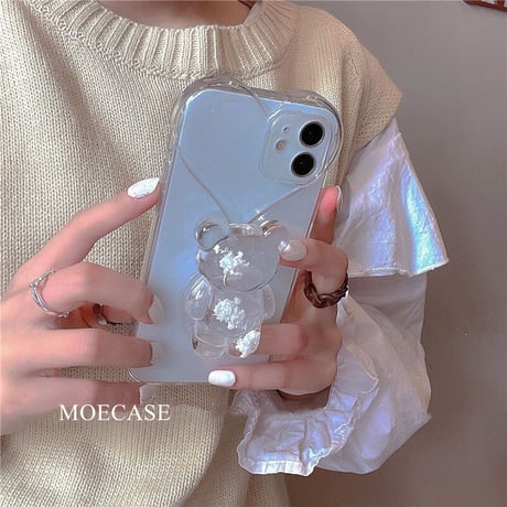 熊グリップ ハート型 iphone13/12promaxケース 透明iphone11/xsmaxカバー  スタンド・リング一体型  オシャレ キラキラ プレゼントにおすすめM1317