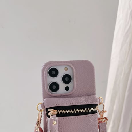 小銭付き iPhone16/16Proケース ショルダー iPhone15Pro/14/13promaxカバー フリンジ ファスナー 淡色レザー [M4618]