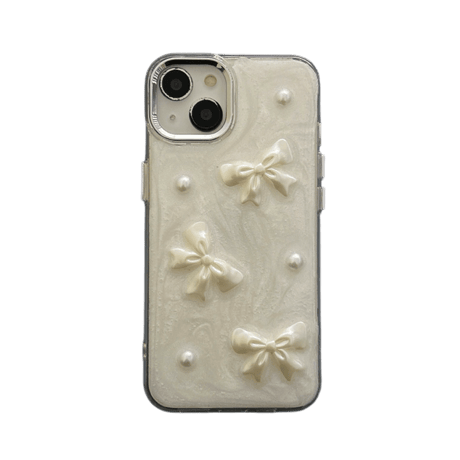 リボン/ハートデコ iPhone15pro/15ケース ホワイト iphone14/13pro/12proカバー  女子力アップ 高級感[M4353]