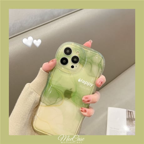 抹茶グリーン暈し染め iPhone13/14カバー Happy高級感 iphone12pro/11ケース  可愛い 透明感 頑丈 波紋枠 落下防止 [M2881]