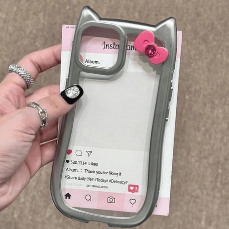 流行り iPhone15/15proケース リボンデコ 耳付きiPhone14/13pro/12Proケース かわいい ギフトに最適[M4454]