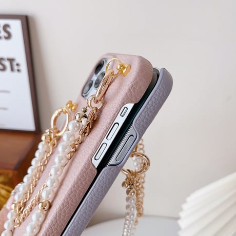 真珠ストラップ付 iPhone14/14proカバー レザー アイフォン13/12/11ケース  有名人愛用 秋冬に人気 ギフトにおすすめ[M2574]
