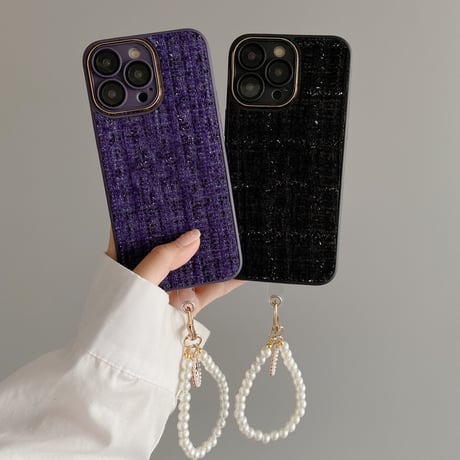 セレブ愛用 iPhone14/14proケース 真珠ストラップ付 アイフォン13pro/12/11カバー ツイード生地  Girls プレゼントにおすすめ[M2535]