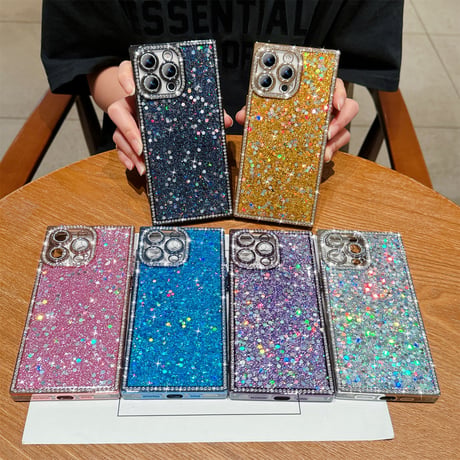 キラキラスクエア iPhone16/16Proケース ジュエリー/ラメ iPhone15promax/14/13Proカバー 四角 おしゃれ カメラ保護[M5468]