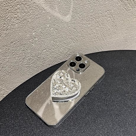 ハートダイヤグリップ iPhone15/15proケース  ミラー iPhone14/13pro/12ケース 女子力アップ オシャレ 便利[M3906]