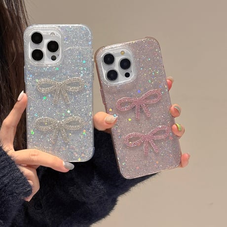 キラキラリボン iPhone16/16proケース グリッター iPhone15Pro/14/13proカバー 可愛い 女子力アップ [M5011]