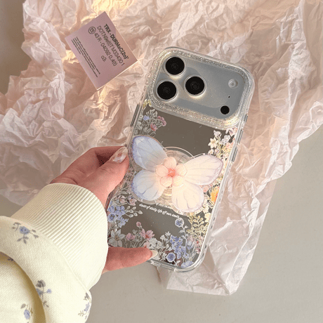 草花柄ミラー iPhone17pro/17ケース 蝶グリップ iPhone16promax/15proケース かわいい 便利 女子力高い[M6164]