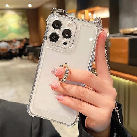 リング/ショルダーチェーン付 アイフォン15/15プロケース 四角耐衝撃 iPhone14pro/13/12カバー シンプル 多機能 [M4297]