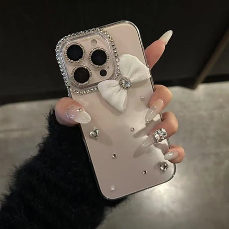 ラインストーン iPhone16pro/16デコケース リボン iPhone15promax/14/13ケース ギャルっぽい 流行る [M5523]