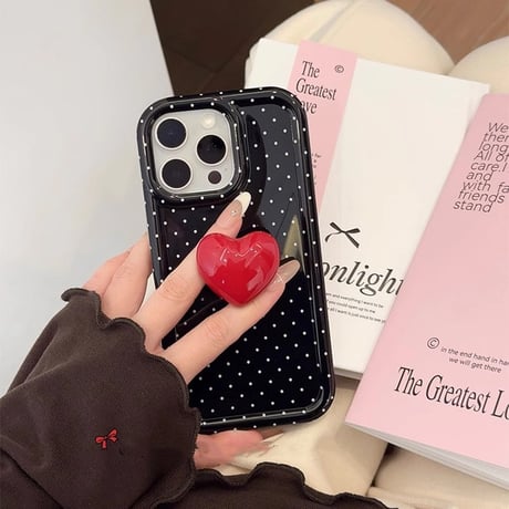 水玉模様 iphone16/16proケース  ハートグリップ iphone15pro/14/13proケース かわいい 韓国風 便利性ある[M5066]