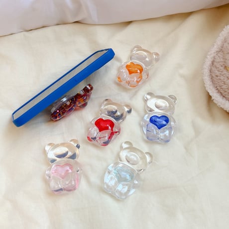 ハート付き熊ちゃん スマホグリップ  スマホリング落下防止 卓上スタンド 透明感 韓国風  オシャレ 伸び縮み  イヤホン収納  全機種対応 M1365