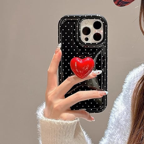 水玉模様 iphone16/16proケース  ハートグリップ iphone15pro/14/13proケース かわいい 韓国風 便利性ある[M5066]