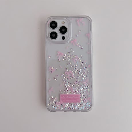 動くダイヤ入り iphone15/15proケースリボン柄 iphone14/13/12/11カバー かわいい きれい 女子力アップ [M3786]