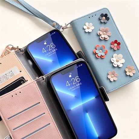 手帳型 iphone14pro/13miniケース 立体花 カード入れ3個 iphone12mini/11promaxカバー お札入れ1個 ストラップ付 可愛い レザー[M2184]