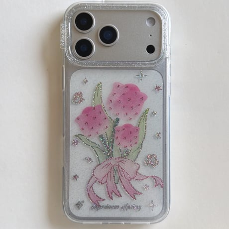 キラキラピンク花 iPhone17pro/17ケース 透明感 iPhone16promax/15pro/14ケース  女子力高い 可愛い[M6188]